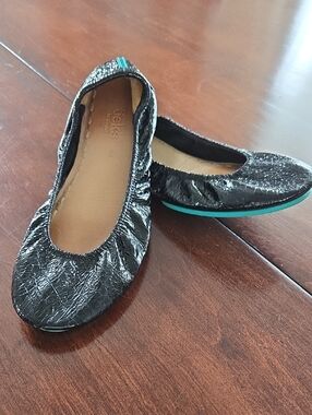 Tieks Black Crinkled Leather Ballet Flats with Teal Sole Trim